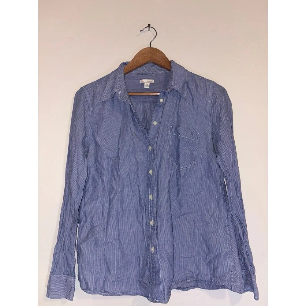 Gap ‘Made with Linen’ Blue and White Striped Button-Up Shirt - Size Medium